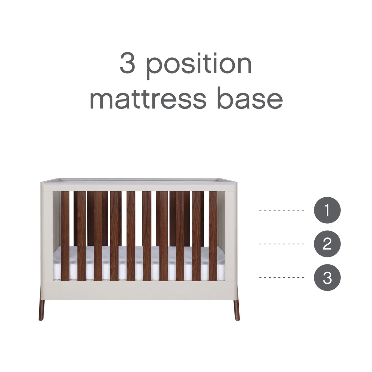 Tutti Bambini Fuori Mini 3 Piece Nursery Furniture Set with Cot Bed, Dresser & Wardrobe - White Sand / Warm Walnut