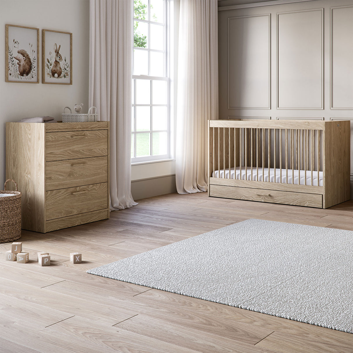 Silver Cross Geneva 4 Piece Nursery Furniture Set with Cot Bed, Under Drawer, Dresser, Wardrobe and TrueFit Eco Fibre Mattress
