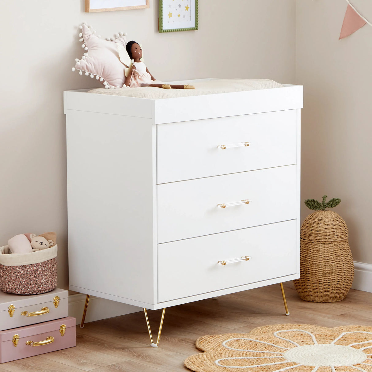 Babymore Kimi Acrylic 3 Piece Nursery Furniture Set with Cot Bed, Dresser and Wardrobe