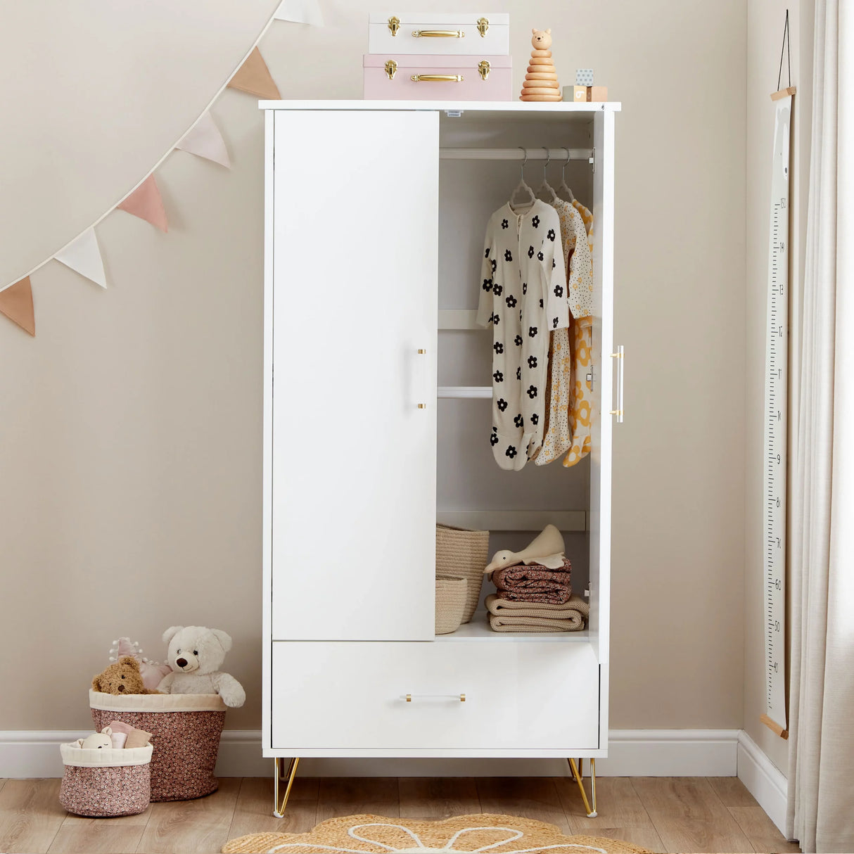 Babymore Kimi Acrylic 3 Piece Nursery Furniture Set with Cot Bed, Dresser and Wardrobe