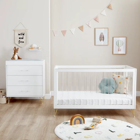 Babymore Kimi XL 3 Piece Nursery Furniture Set with Cot Bed, Dresser & Wardrobe - Acrylic