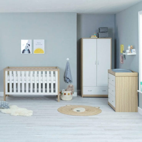 Babymore Luno 3 Piece Nursery Furniture Set with Cot Bed, Dresser and Wardrobe - Oak White