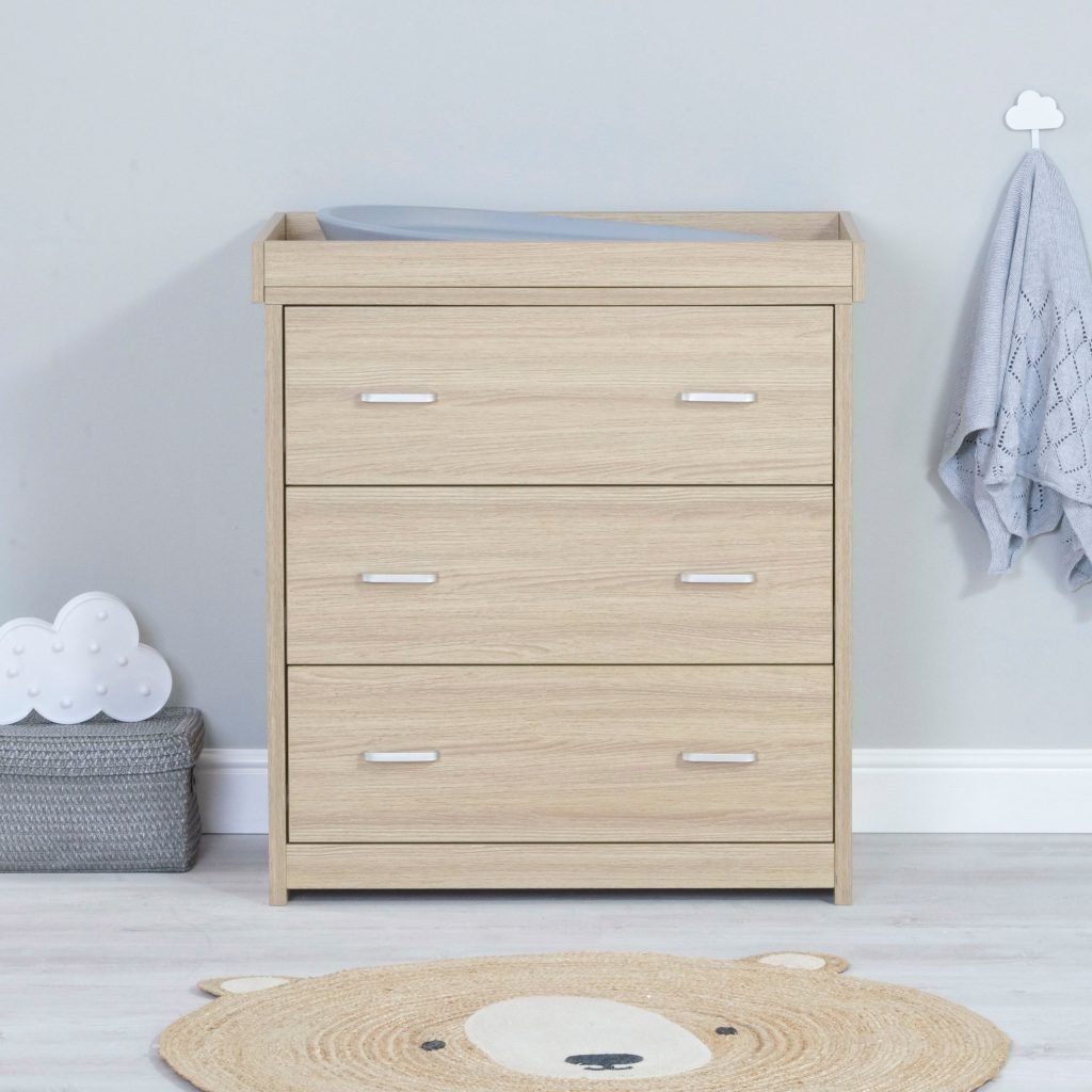 Babymore Luno 3 Piece Nursery Furniture Set with Cot Bed, Under Drawer, Dresser and Wardrobe - Oak