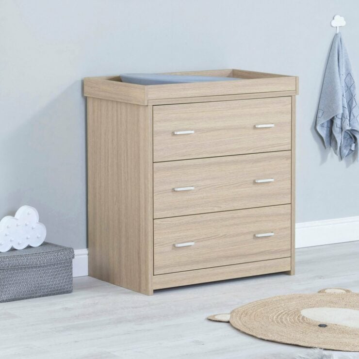 Babymore Luno 3 Piece Nursery Furniture Set with Cot Bed, Under Drawer, Dresser and Wardrobe - Oak