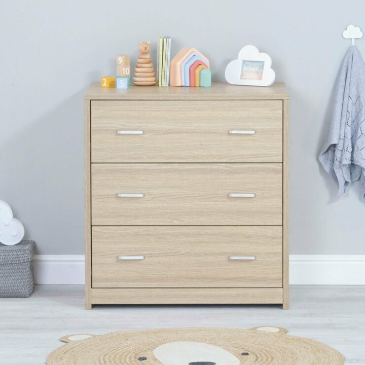 Babymore Luno 3 Piece Nursery Furniture Set with Cot Bed, Under Drawer, Dresser and Wardrobe - Oak