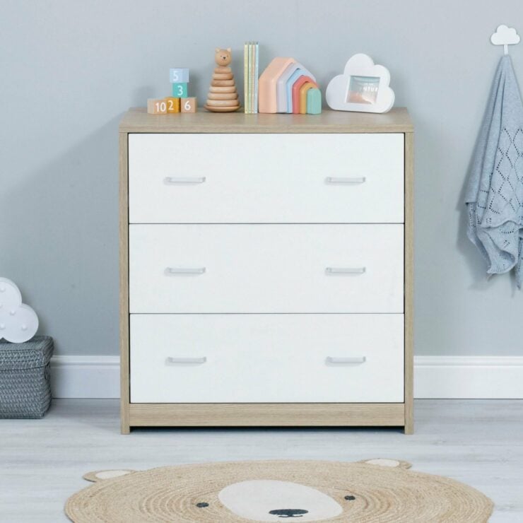 Babymore Luno 2 Piece Nursery Furniture Set with Cot Bed, Under Drawer and Dresser - White / Oak