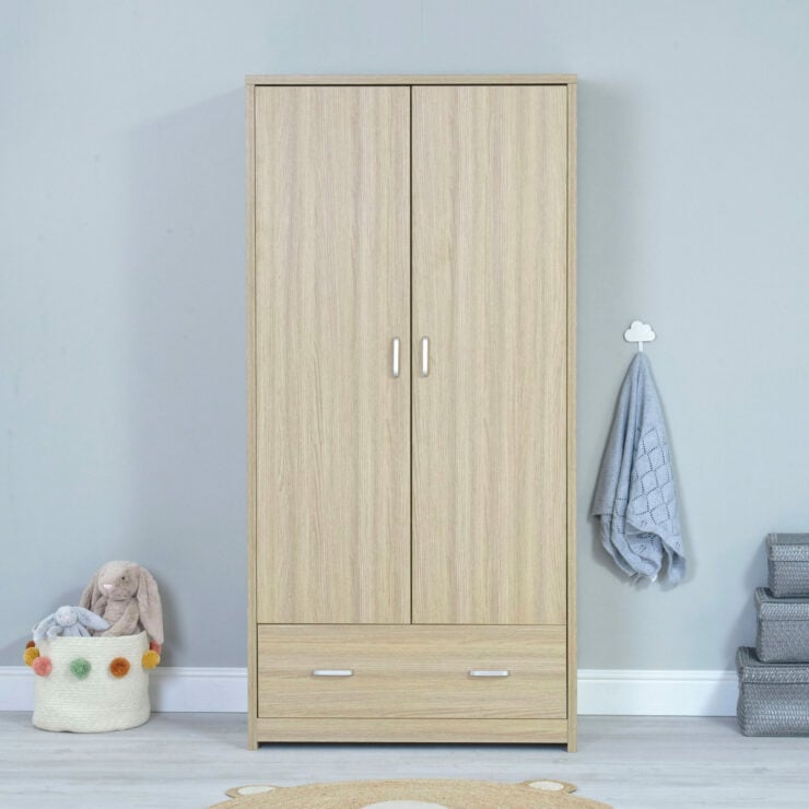Babymore Luno 3 Piece Nursery Furniture Set with Cot Bed, Under Drawer, Dresser and Wardrobe - Oak