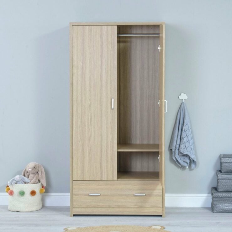 Babymore Luno 3 Piece Nursery Furniture Set with Cot Bed, Under Drawer, Dresser and Wardrobe - Oak