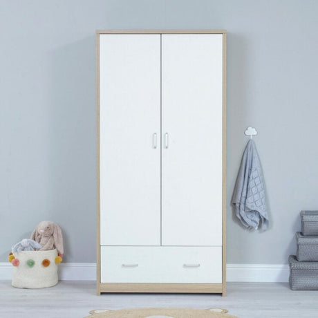 Babymore Luno 3 Piece Nursery Furniture Set with Cot Bed, Under Drawer, Dresser and Wardrobe - White / Oak