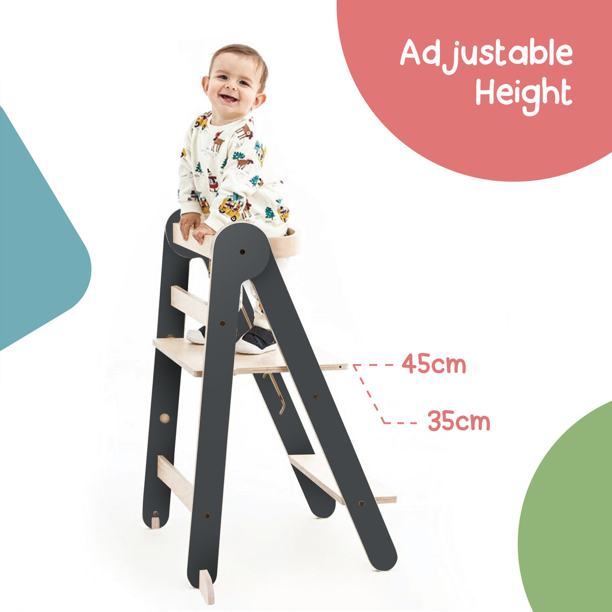 MamaToyz Folding Learning Tower Natural Beech Wood Montessori Child Safety Platform - Dark Grey / Natural