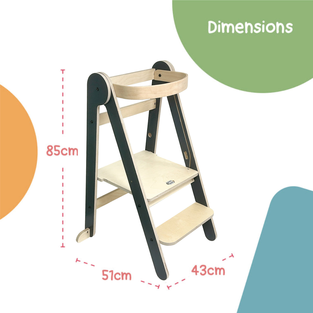 MamaToyz Folding Learning Tower Natural Beech Wood Montessori Child Safety Platform - Dark Grey / Natural