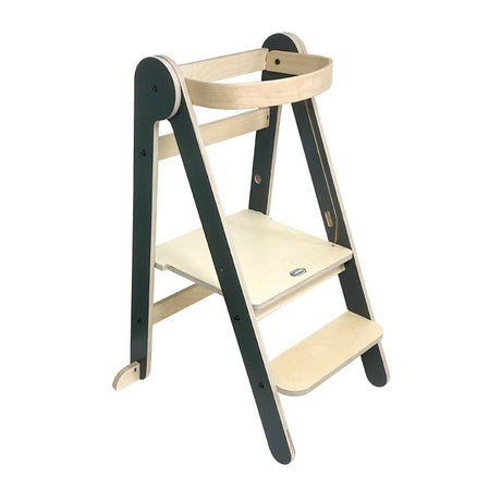 MamaToyz Folding Learning Tower Natural Beech Wood Montessori Child Safety Platform - Dark Grey / Natural