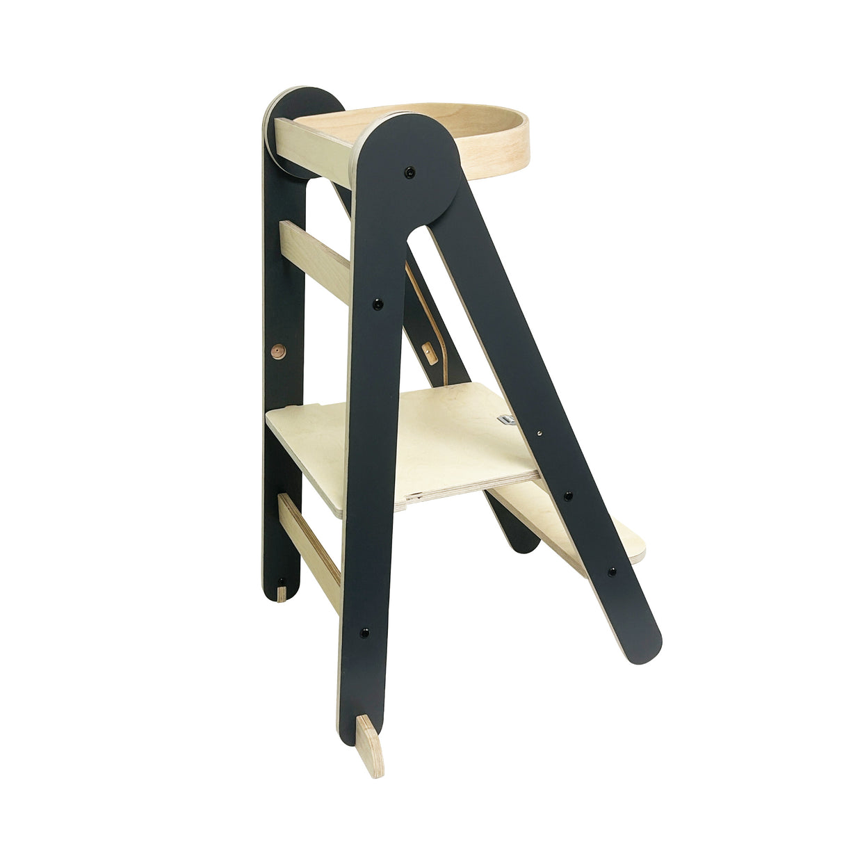 MamaToyz Folding Learning Tower Natural Beech Wood Montessori Child Safety Platform - Dark Grey / Natural