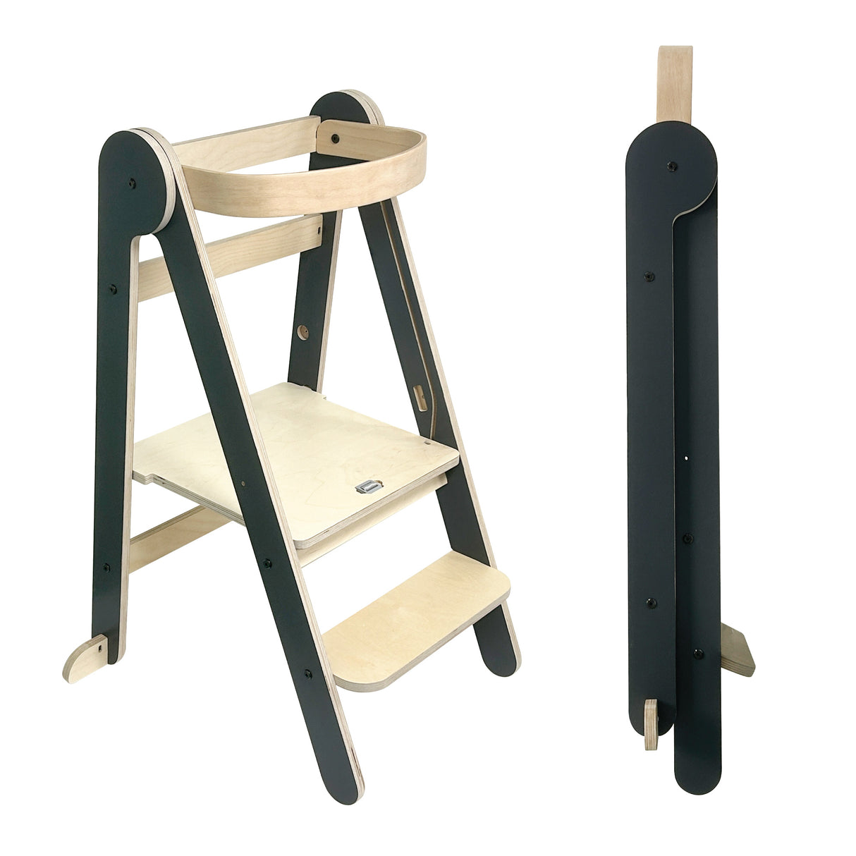 MamaToyz Folding Learning Tower Natural Beech Wood Montessori Child Safety Platform - Dark Grey / Natural