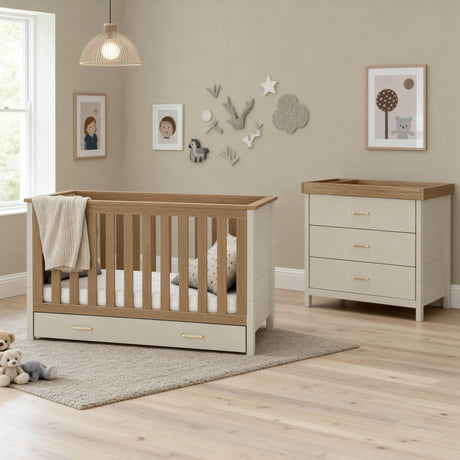 Babymore Mira 2 Piece Nursery Furniture Set with Cot Bed, Under Drawer and Dresser - Cashmere / Warm Oak