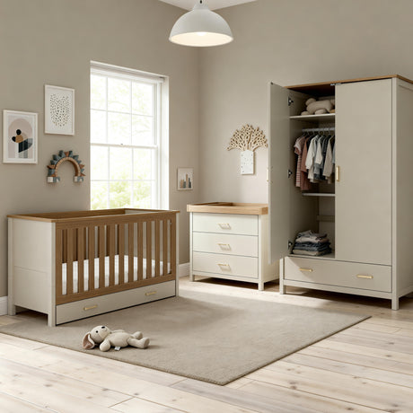 Babymore Mira 3 Piece Nursery Furniture Set with Cot Bed, Under Drawer, Dresser and Wardrobe - Cashmere / Warm Oak