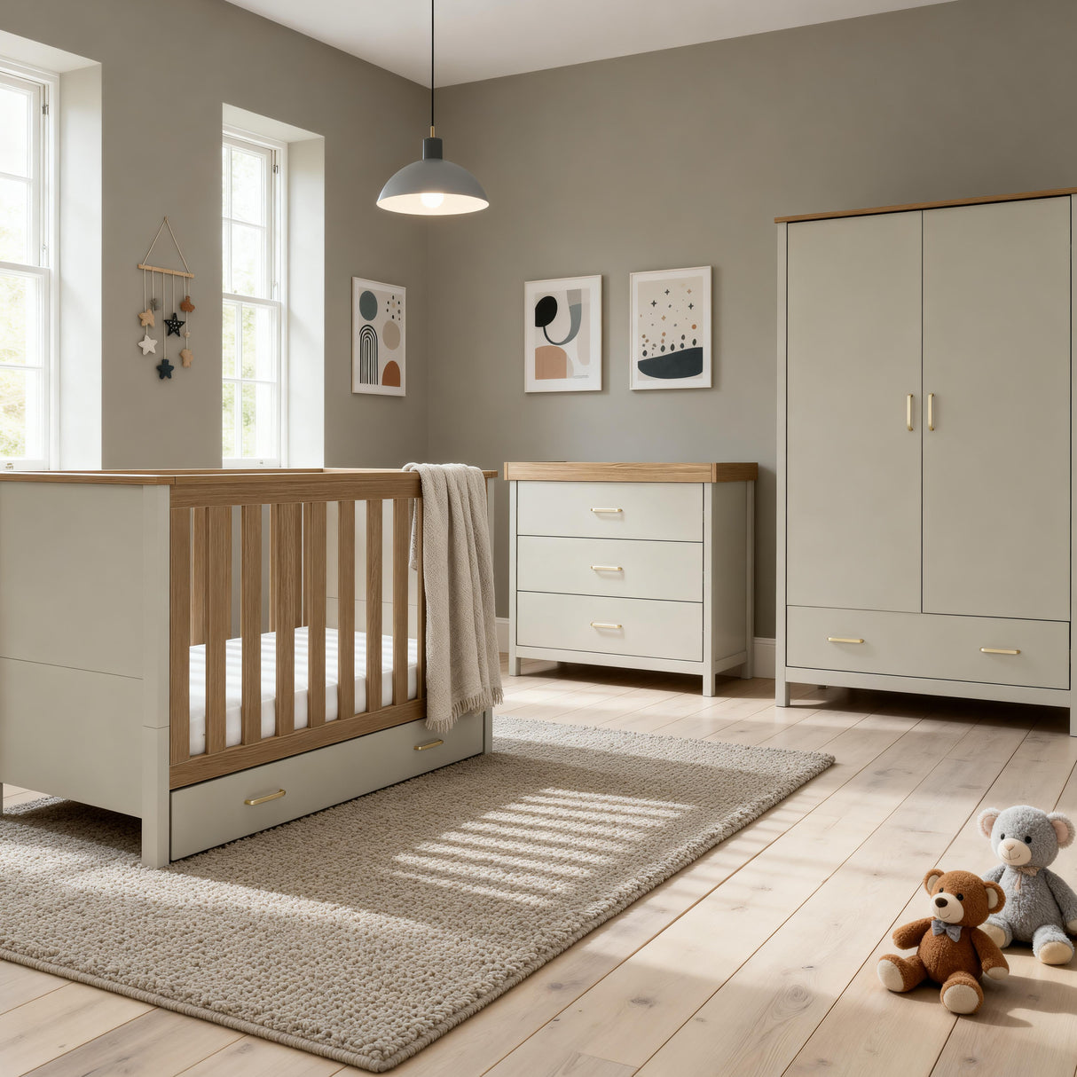 Babymore Mira 3 Piece Nursery Furniture Set with Cot Bed, Under Drawer, Dresser and Wardrobe - Cashmere / Warm Oak