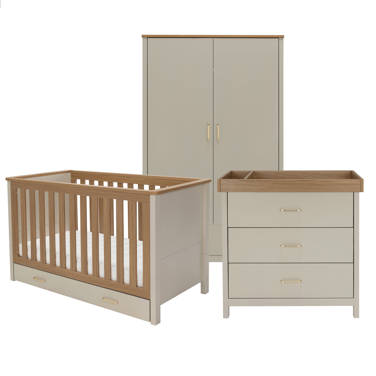 Babymore Mira 3 Piece Nursery Furniture Set with Cot Bed, Under Drawer, Dresser and Wardrobe - Cashmere / Warm Oak