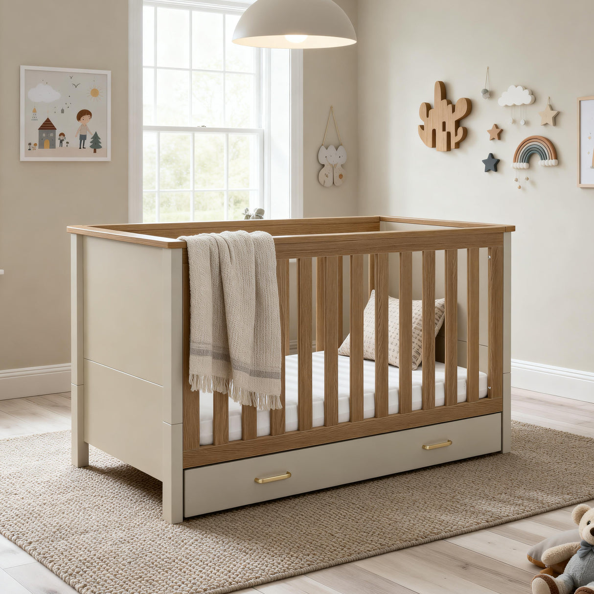 Babymore Mira 2 Piece Nursery Furniture Set with Cot Bed, Under Drawer and Dresser - Cashmere / Warm Oak
