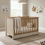 Babymore Mira 2 Piece Nursery Furniture Set with Cot Bed, Under Drawer and Dresser - Cashmere / Warm Oak