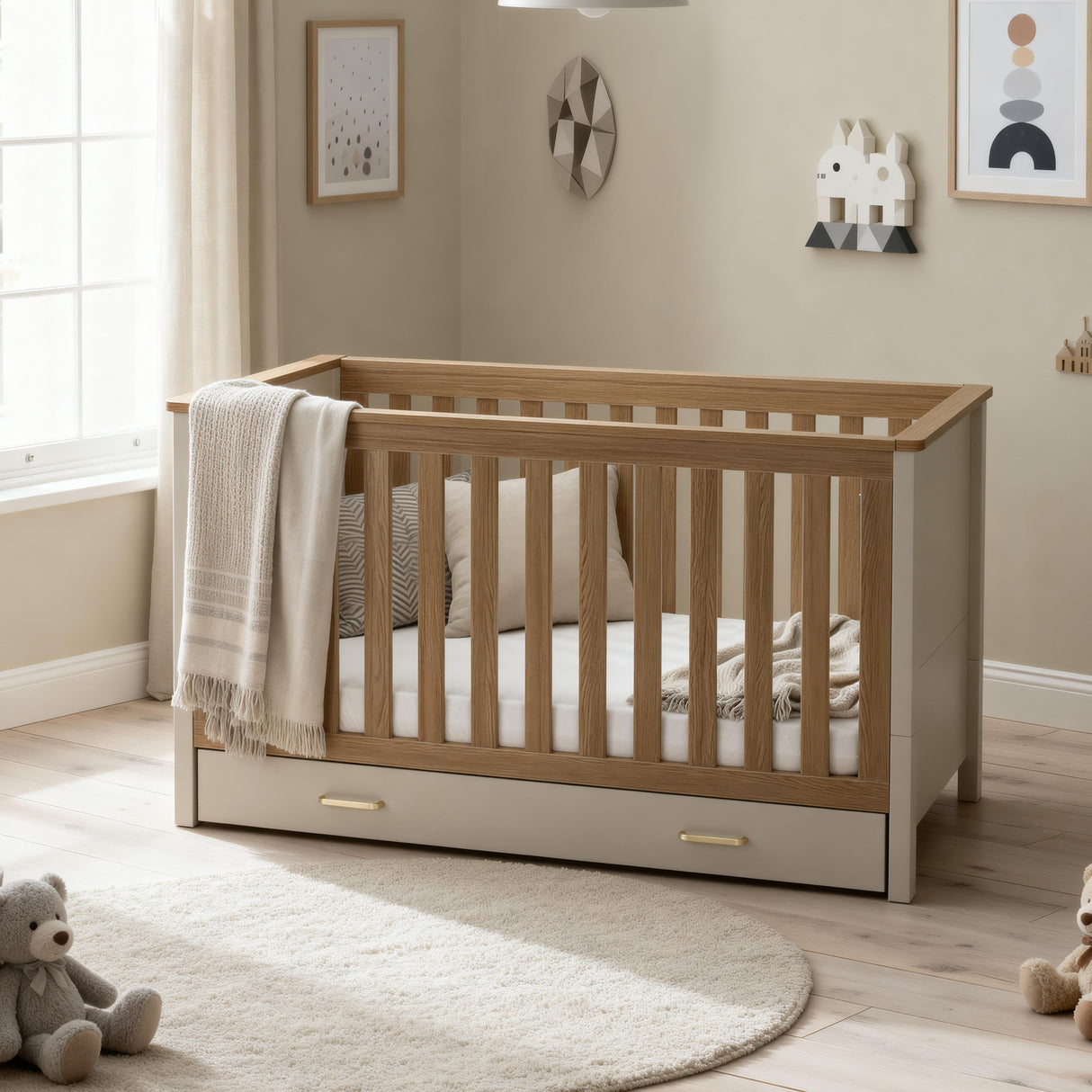 Babymore Mira 2 Piece Nursery Furniture Set with Cot Bed, Under Drawer and Dresser - Cashmere / Warm Oak