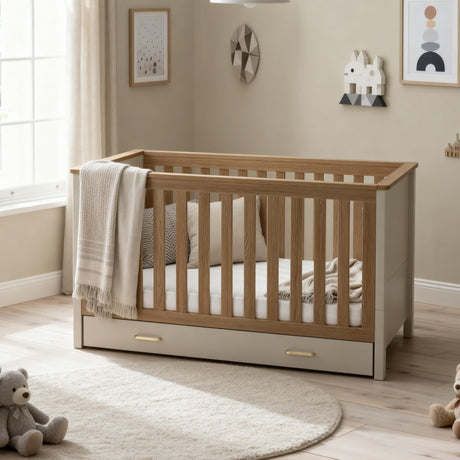 Babymore Mira Cot Bed with Underdrawer - Cashmere / Warm Oak