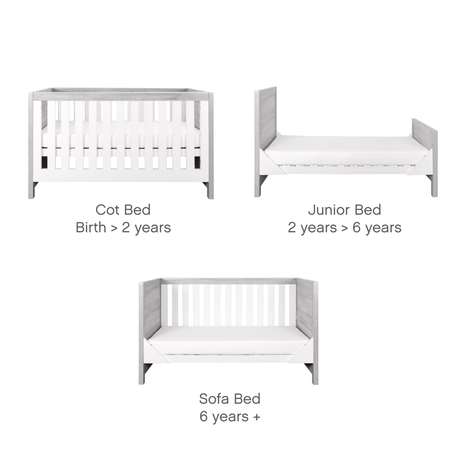 Tutti Bambini Modena 3 Piece Nursery Furniture Set with Cot Bed, Dresser & Wardrobe - White & Grey Ash