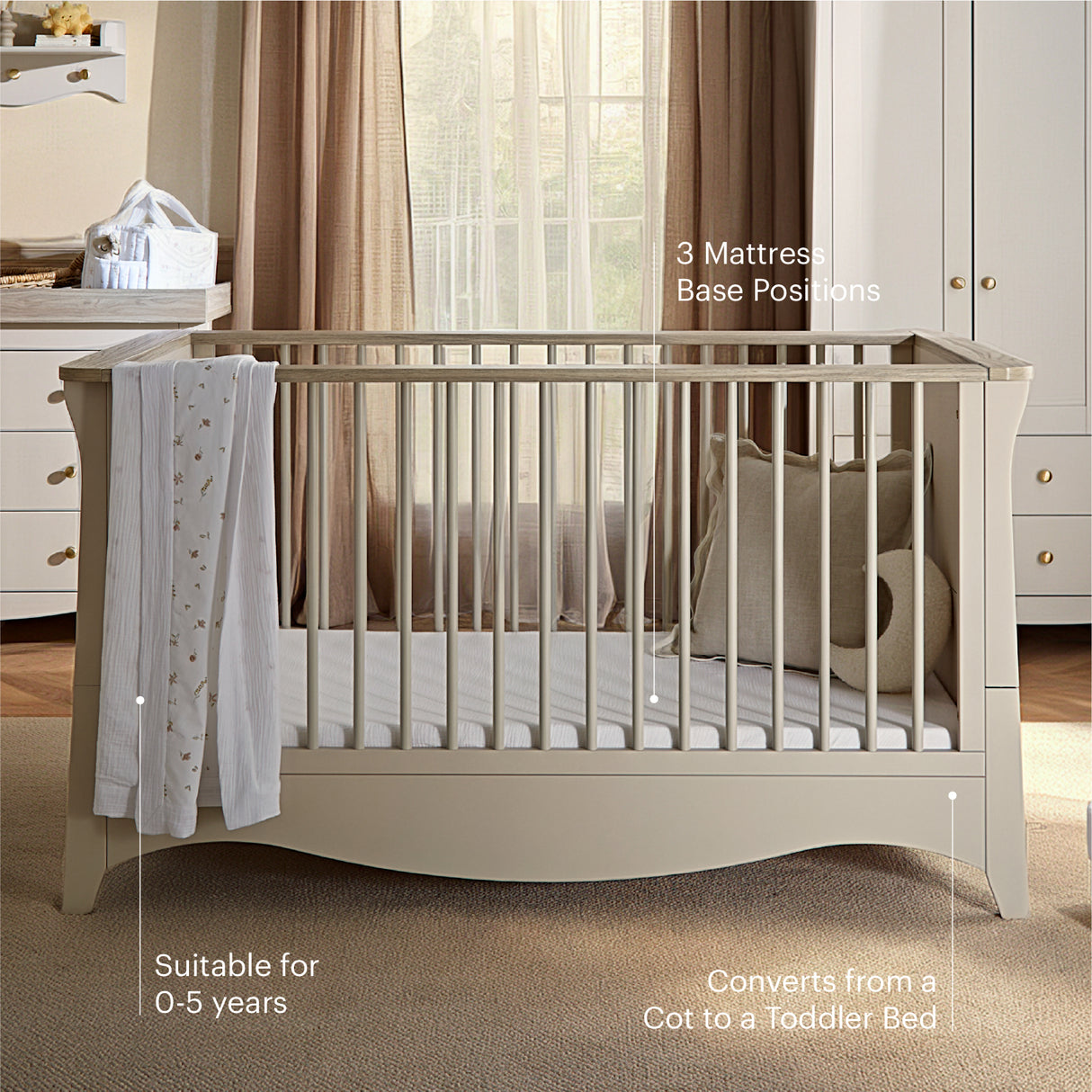 CuddleCo Clara Luxe 3 Piece Nursery Furniture Set with Cot Bed, Dresser & Wardrobe - Cashmere & Ash