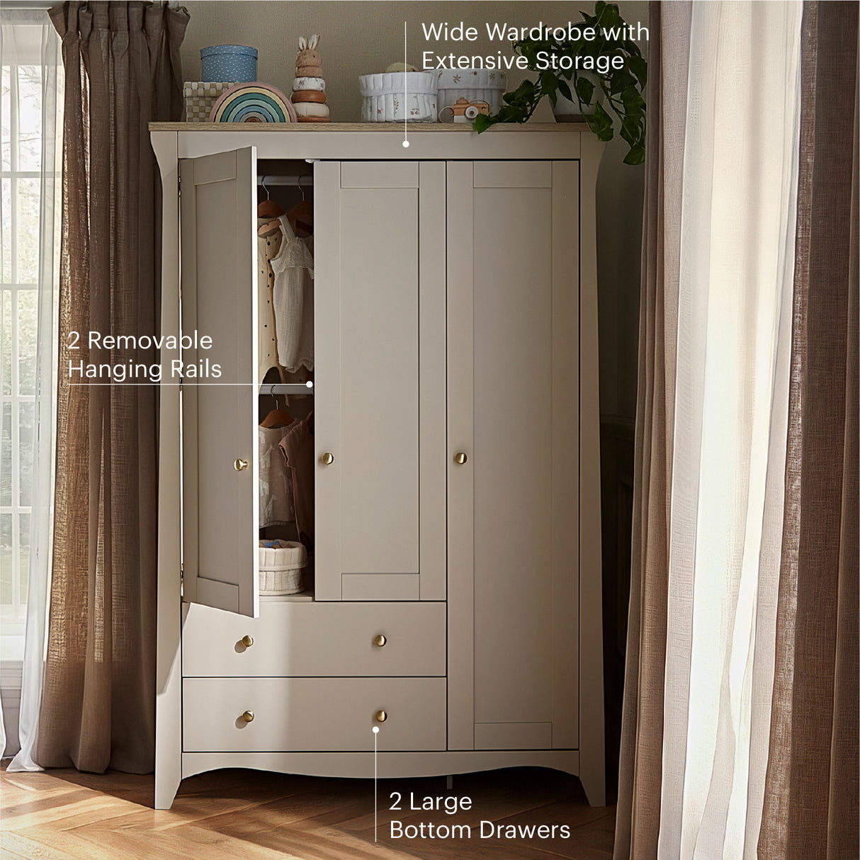 CuddleCo Clara Luxe 3 Piece Nursery Furniture Set with Cot Bed, Dresser & Wardrobe - Cashmere & Ash