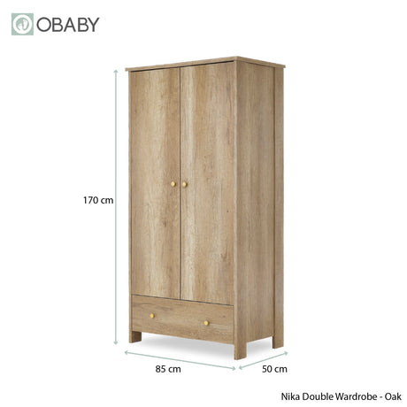 Obaby Nika 3 Piece Nursery Furniture Set with Cot Bed, Dresser and Wardrobe - Oak