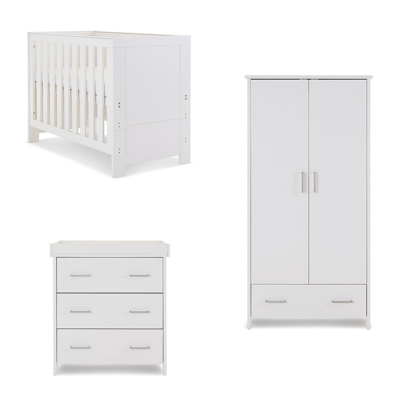 Nika Mini 3 Piece Nursery Furniture Set Cot Bed Dresser & Wardrobe – Wash