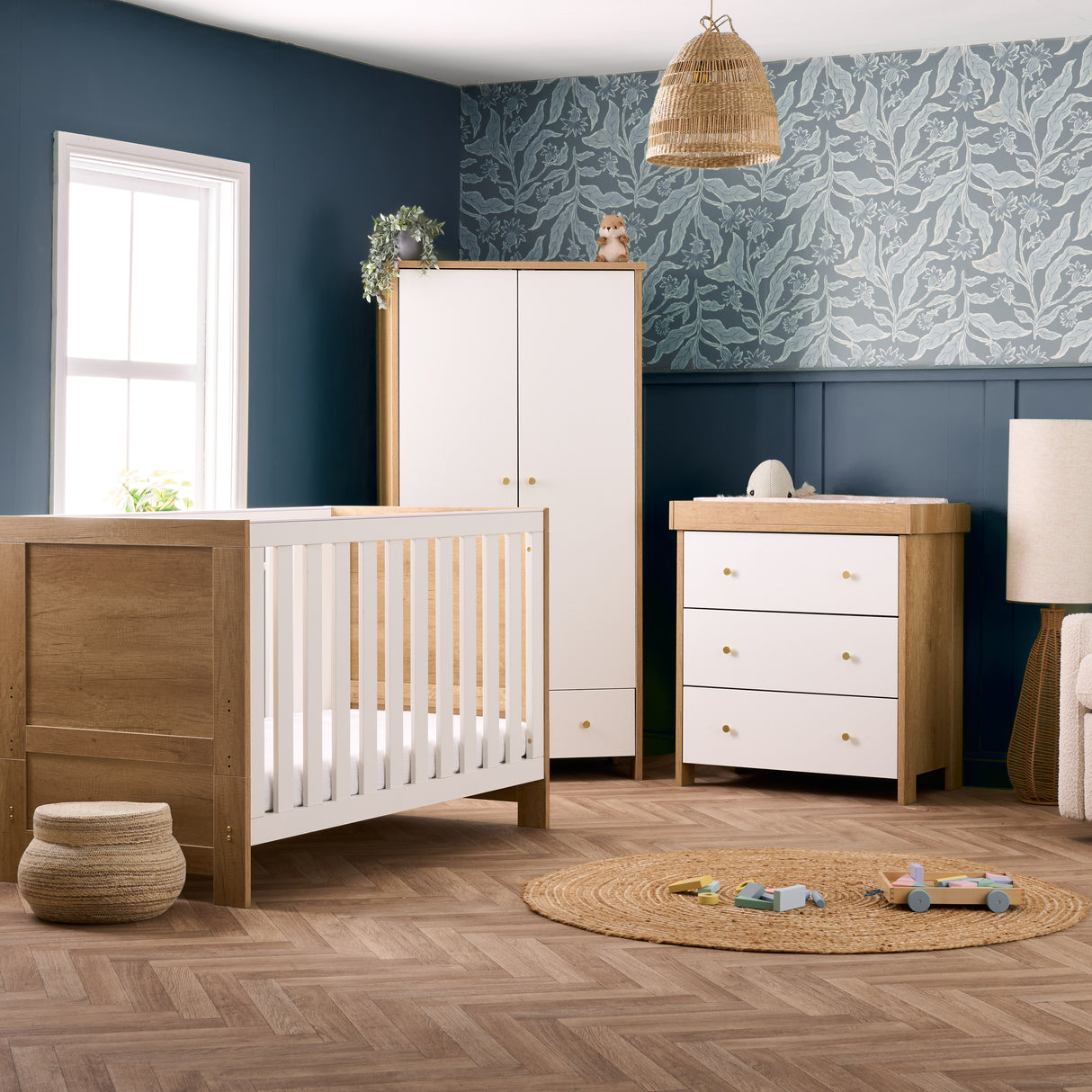Obaby Nika 3 Piece Nursery Furniture Set with Cotbed, Dresser and Wardrobe - Oak & White