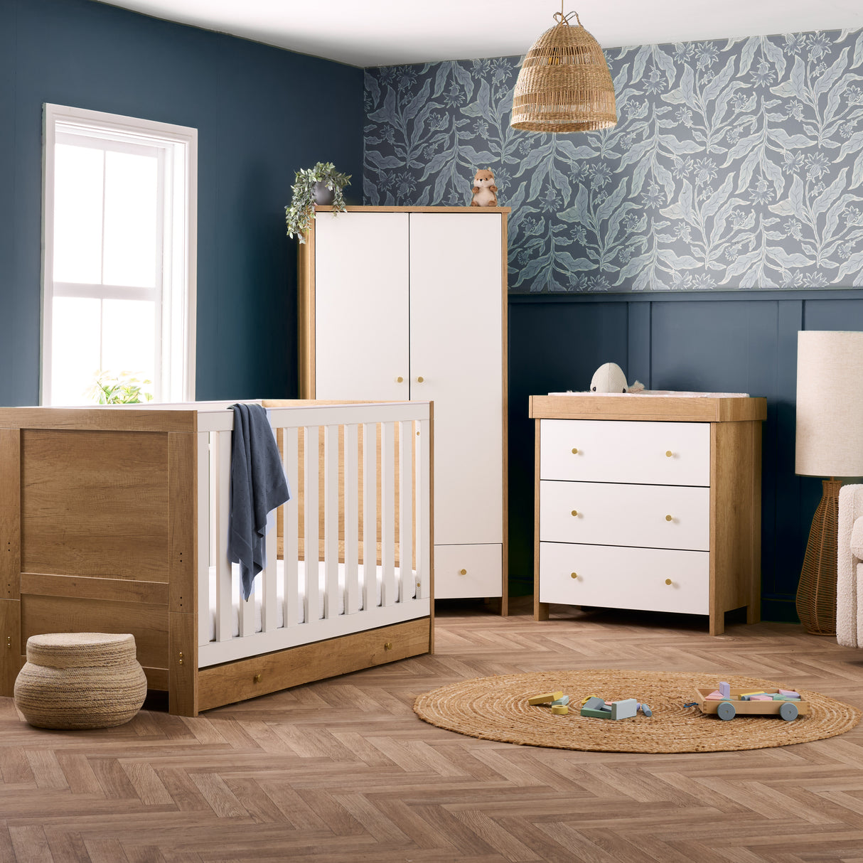 Obaby Nika 3 Piece Nursery Furniture Set with Cot Bed, Under Drawer, Dresser and Wardrobe - Oak & White