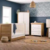Obaby Nika 3 Piece Nursery Furniture Set with Cot Bed, Under Drawer, Dresser and Wardrobe - Oak & White