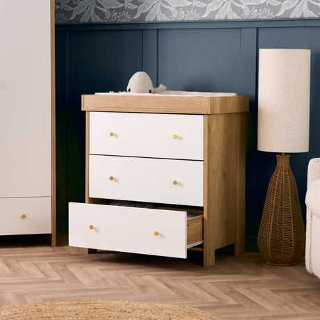 Obaby Nika 3 Piece Nursery Furniture Set with Cotbed, Dresser and Wardrobe - Oak & White