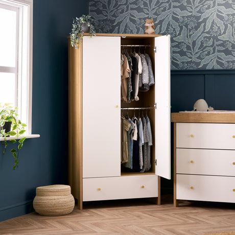 Obaby Nika 3 Piece Nursery Furniture Set with Cot Bed, Under Drawer, Dresser and Wardrobe - Oak & White