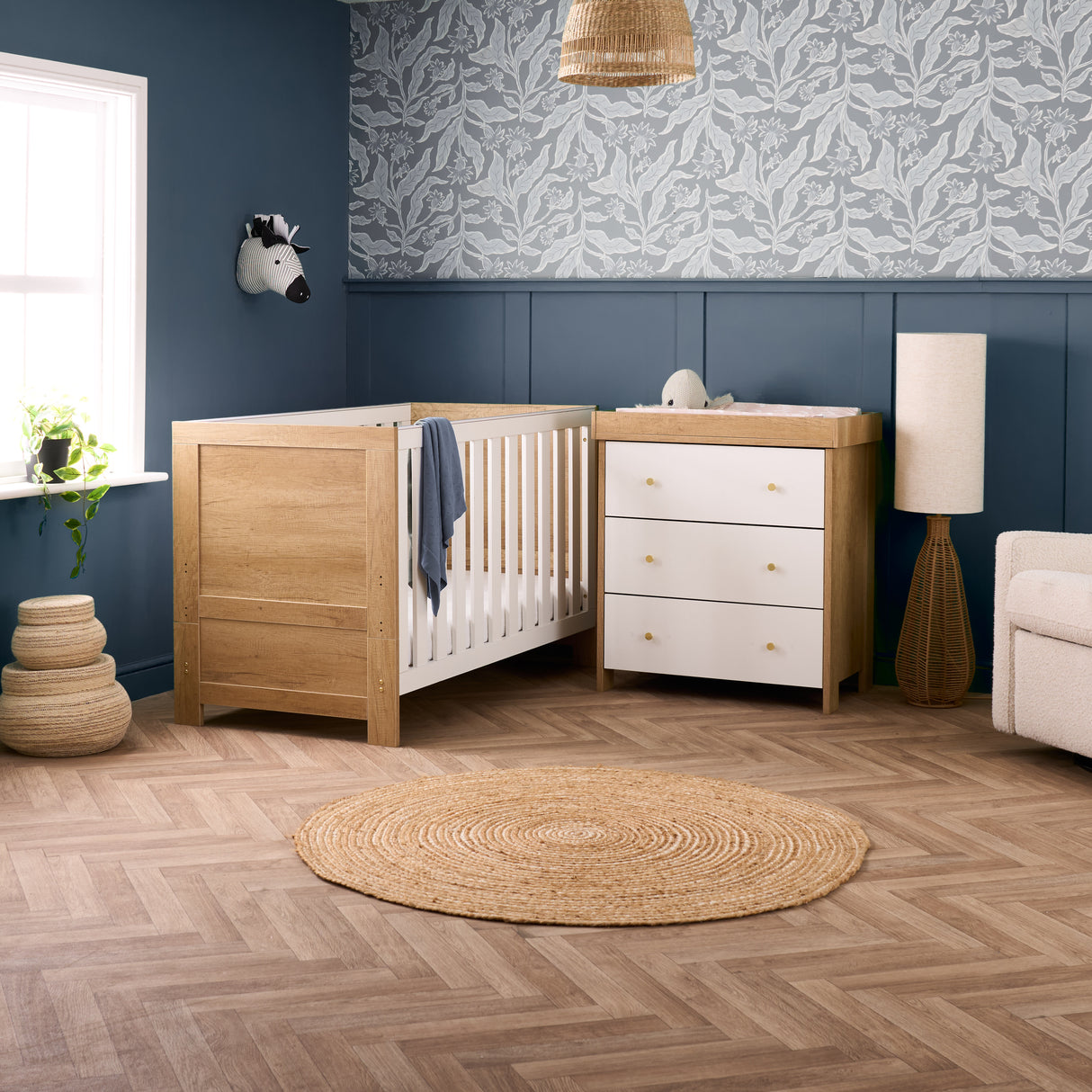 Obaby Nika 2 Piece Furniture Set with Cotbed and Dresser/Changing Unit - Oak & White