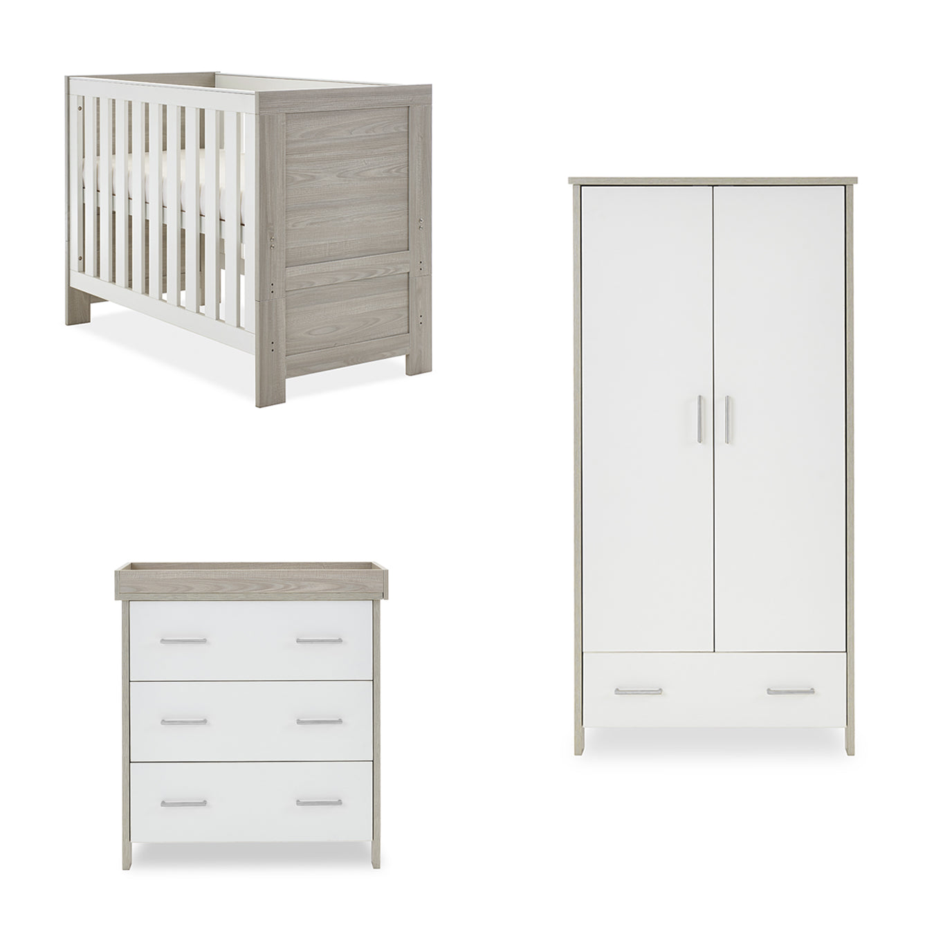 Nika Mini 3 Piece Nursery Furniture Set Cot Bed Dresser & Wardrobe – Grey Wash &