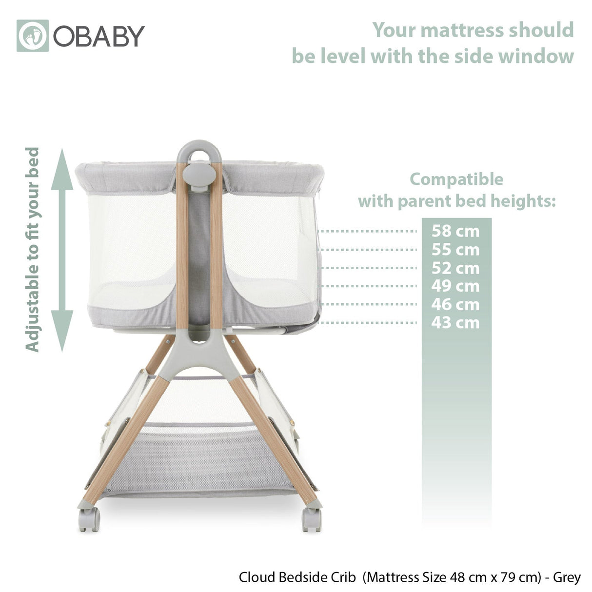 Obaby Cloud Bedside Crib - Grey