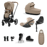 Cybex Priam Travel System with Accessories, Cloud T Car Seat & ISOFIX Base - Cozy Beige / Chrome Brown Frame