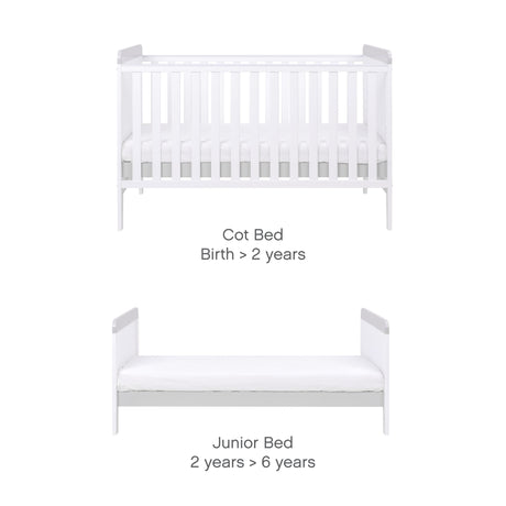 Tutti Bambini Rio 2 Piece Nursery Furniture Set with Cot Bed, Cot Top Changer and Dresser - White / Dove Grey