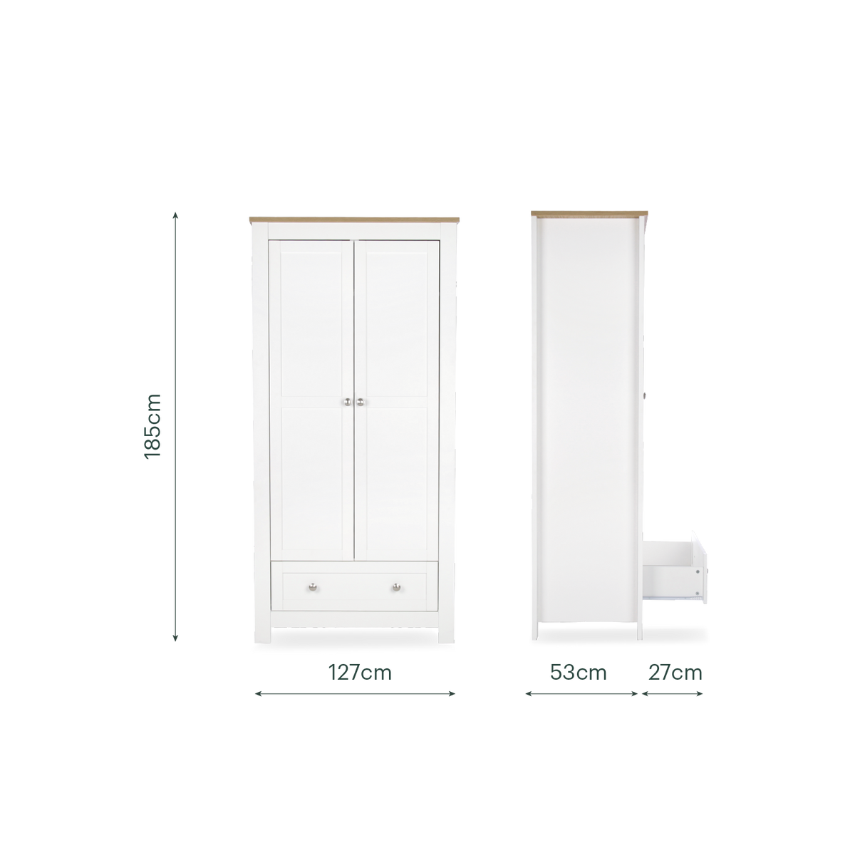 CuddleCo Burford 3 Piece Nursery Furniture Set with Cot Bed, Dresser & Wardrobe - White & Oak