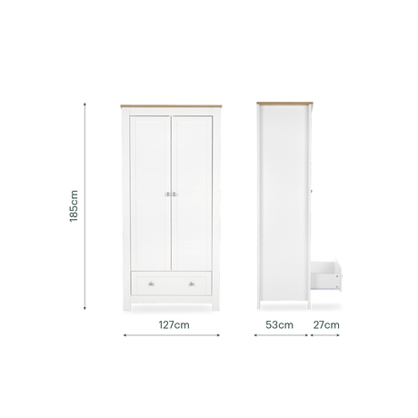 CuddleCo Burford 3 Piece Nursery Furniture Set with Cot Bed, Dresser & Wardrobe - White & Oak