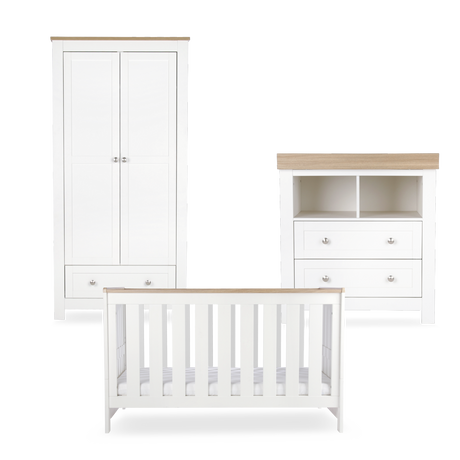 CuddleCo Burford 3 Piece Nursery Furniture Set with Cot Bed, Dresser & Wardrobe - White & Oak