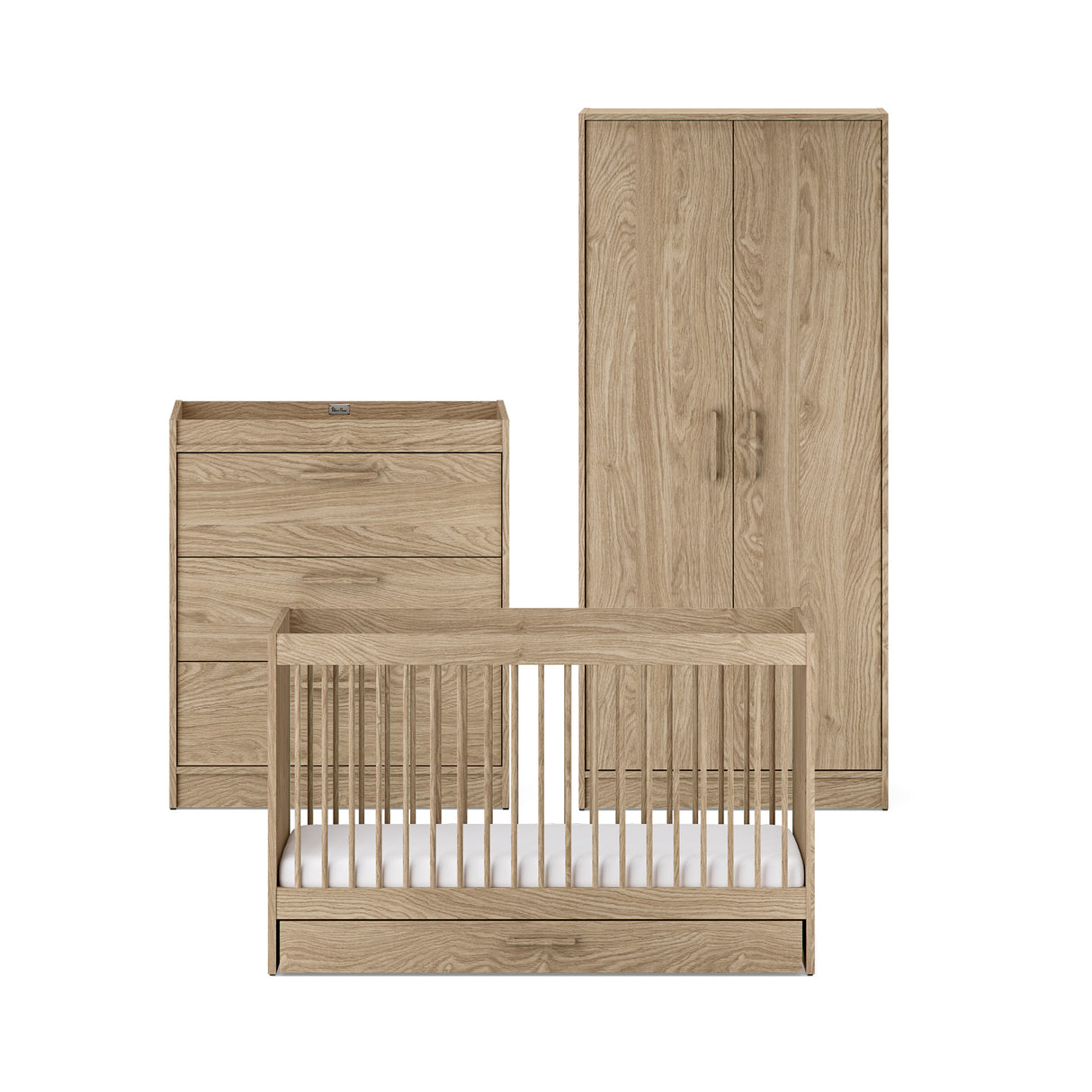 Silver Cross Geneva 3 Piece Nursery Furniture Set with Cot Bed, Under Drawer, Dresser and Wardrobe