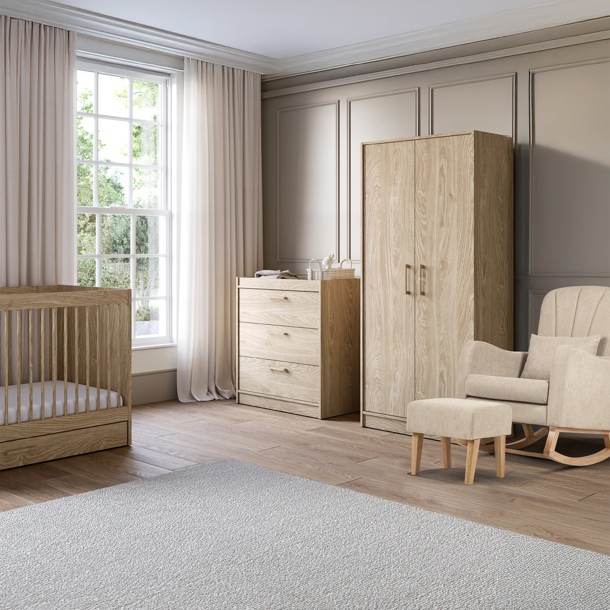 Silver Cross Geneva 5 Piece Nursery Furniture Set with Cot Bed, Under Drawer, Dresser, Wardrobe, Carmel Rocking Chair and TrueFit Eco Fibre Mattress