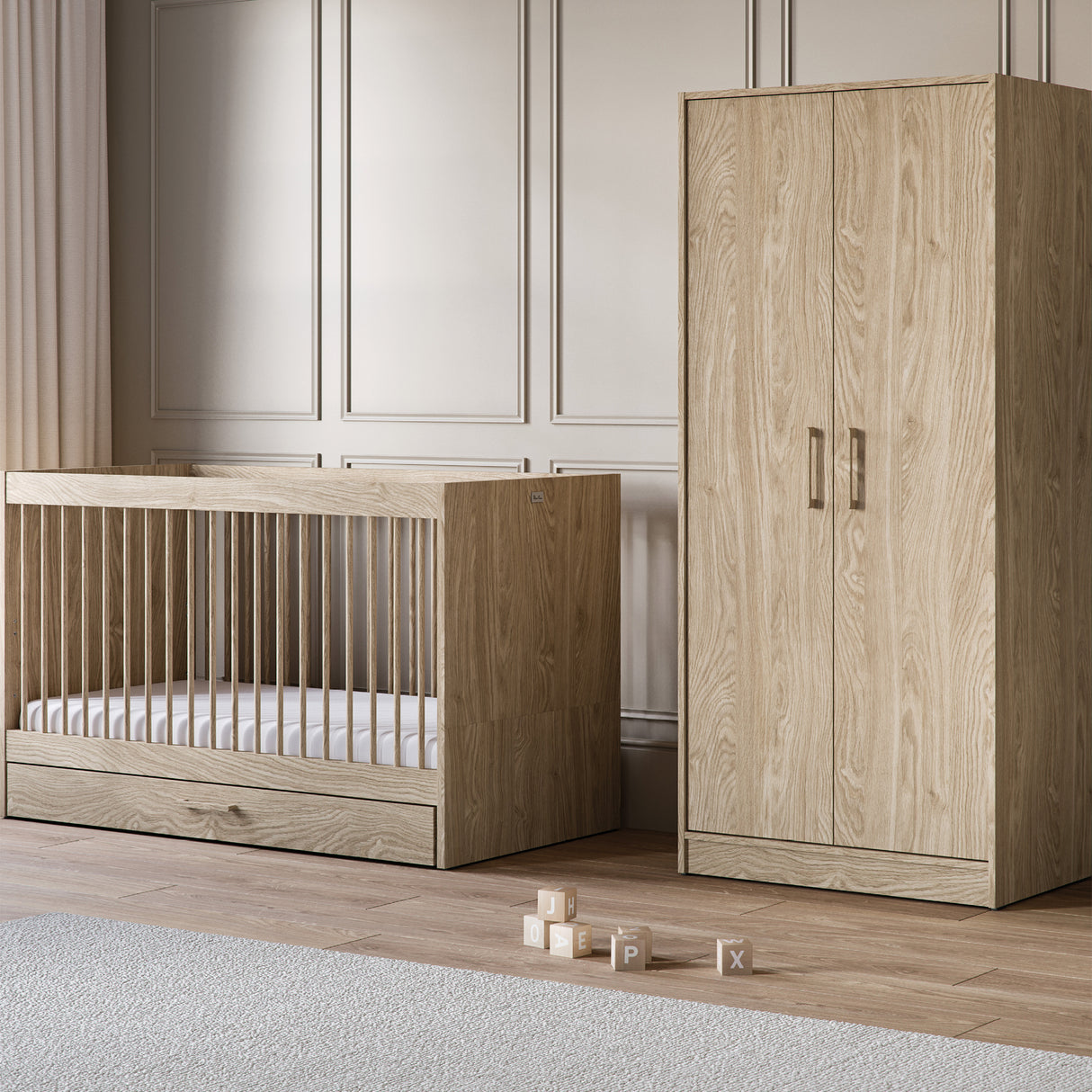 Silver Cross Geneva 4 Piece Nursery Furniture Set with Cot Bed, Under Drawer, Dresser, Wardrobe and TrueFit Eco Fibre Mattress