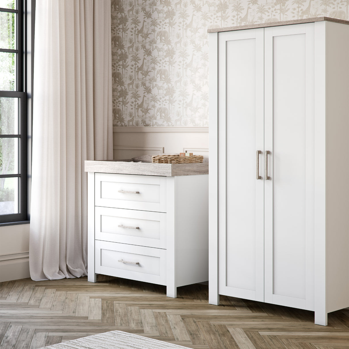 Silver Cross Valencia 4 Piece Nursery Furniture Set with Cot Bed, Dresser, Wardrobe and Carmel Rocking Chair