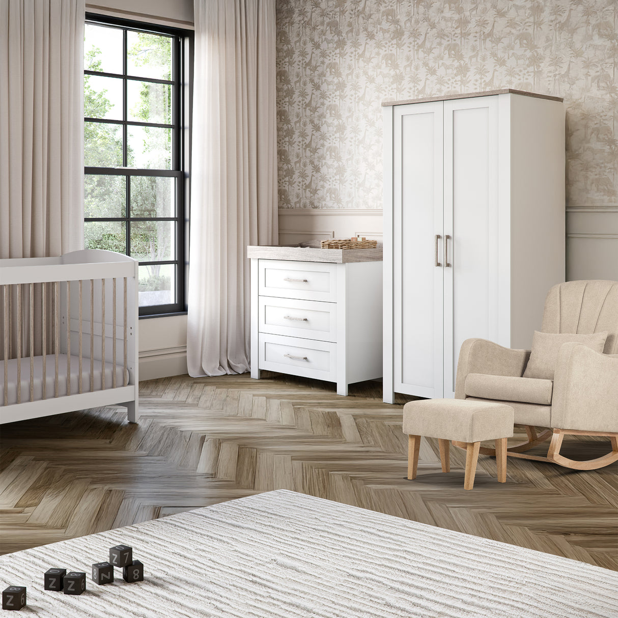 Silver Cross Valencia 5 Piece Nursery Furniture Set with Cot Bed, Dresser, Wardrobe, Carmel Rocking Chair and TrueFit Eco Fibre Mattress