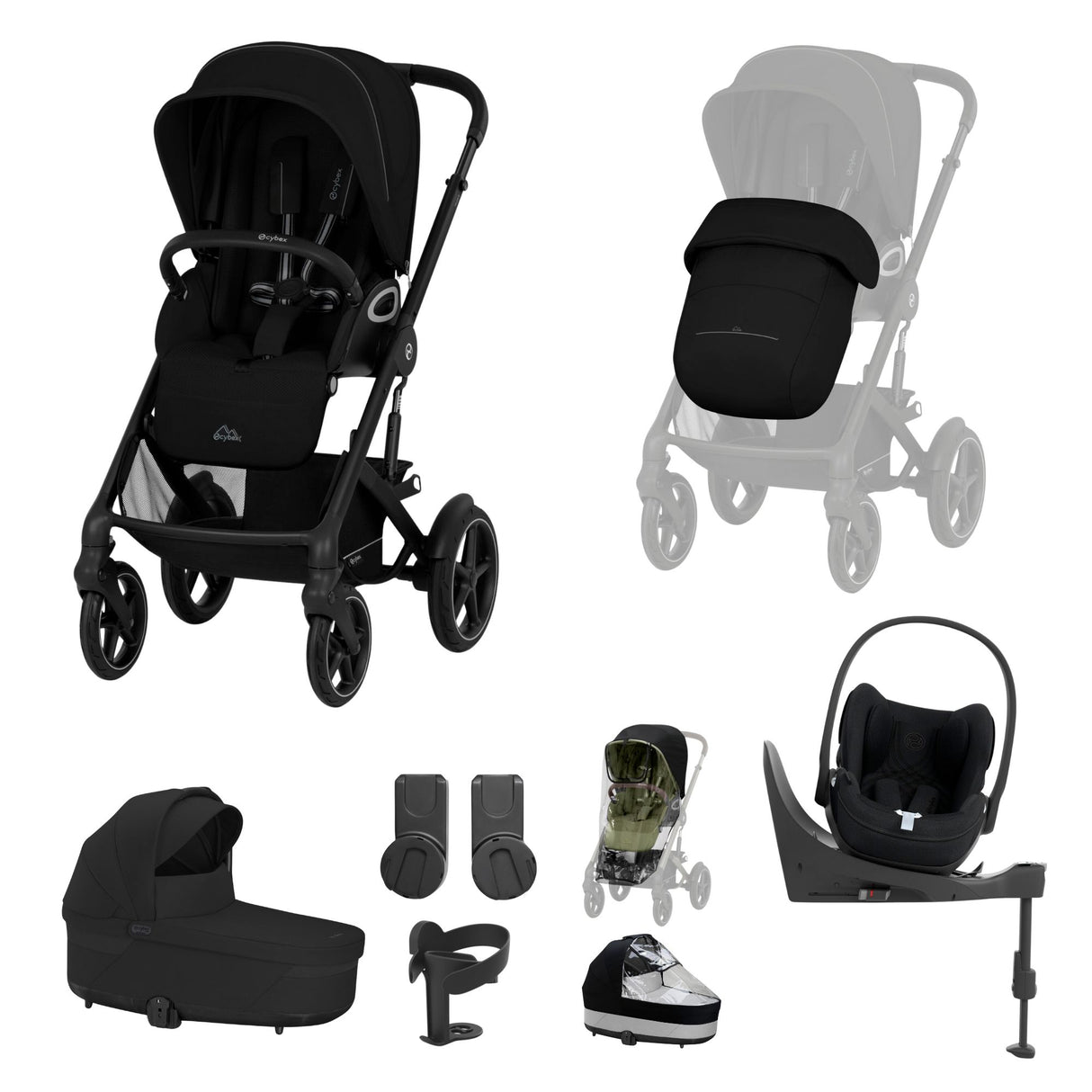 Cybex Talos S Lux Carrycot Travel System with Cloud T Car Seat & ISOFIX Base - Moon Black
